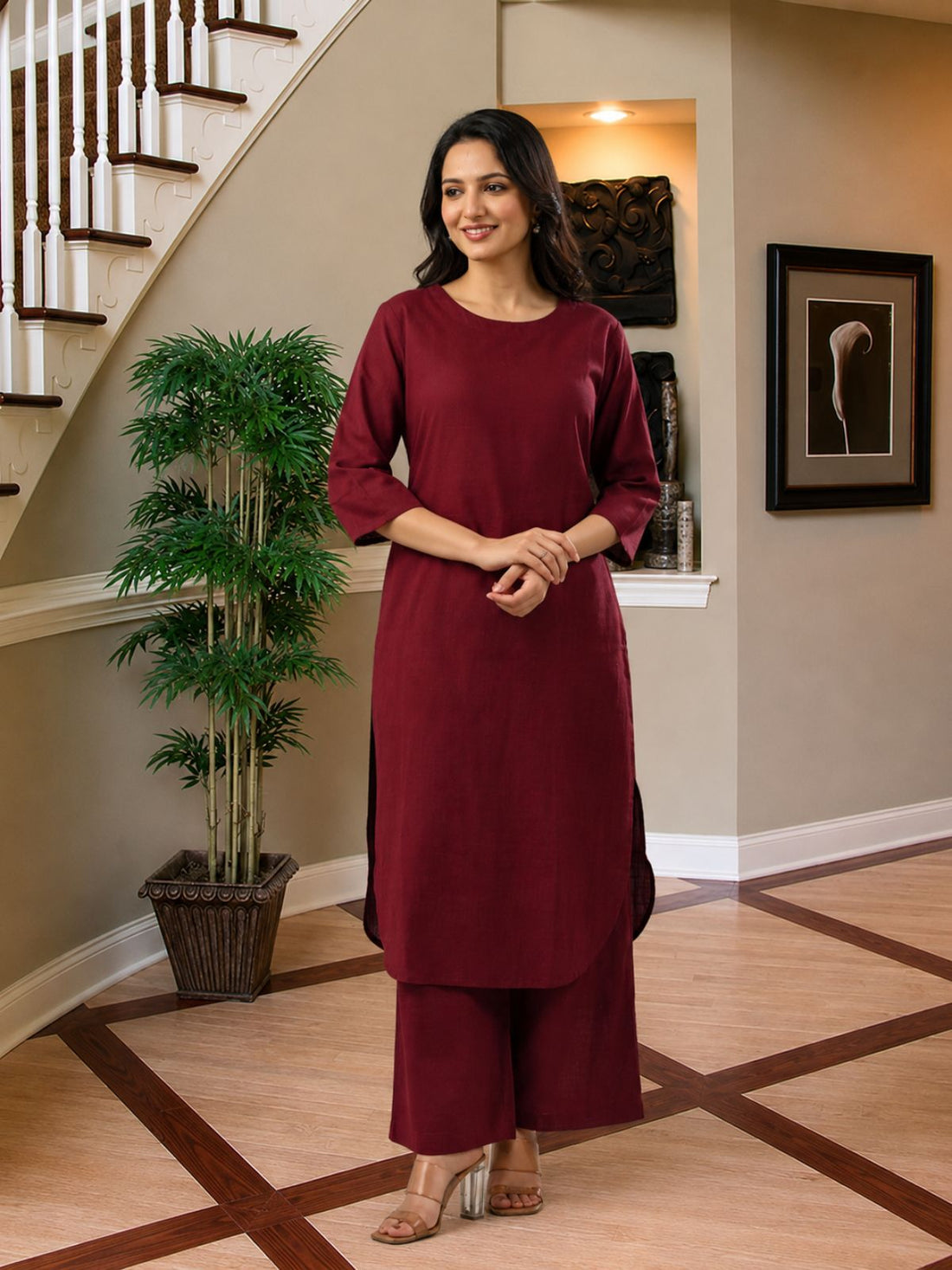 Wine Cotton Kurta Plazzo Set